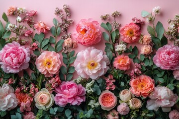 Romantic Floral Arrangement Pink Background with Peonies Roses Greenery Copy Space Wedding Invitation Mother Day Concept