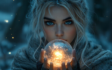 Naklejka premium Mystical Woman with Glowing Crystal Ball in Twilight Forest 