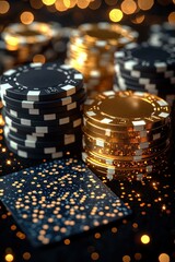 Stacks of Casino Chips Glimmering under Golden Lights