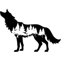 Wolf Silhouette with Forest Landscape Inside for Tattoo and Graphic Design