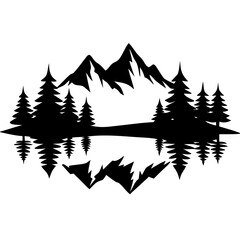 Mountain Landscape Silhouette with Trees and Lake Reflection for Outdoor Artwork