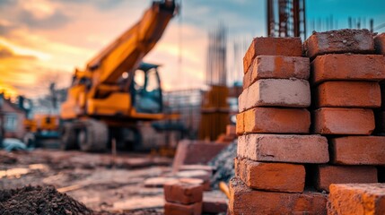 Stacked Bricks at a Construction Site with an Excavator in the Background