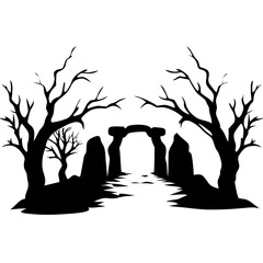 Mysterious Silhouette of Haunted Forest with Ancient Stone Gateway