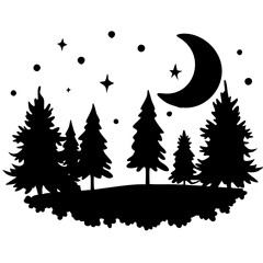 Night Forest Silhouette with Crescent Moon and Stars for Vector Art and Decorative Use