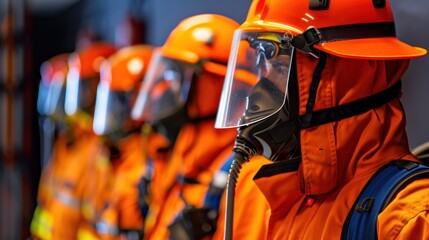 Protective clothing and respirators for firefighters displayed in a row