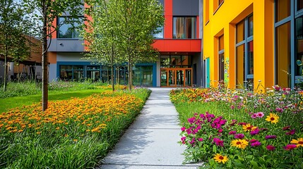 Obraz premium Colorful building exterior with vibrant flower garden and pathway.