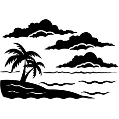 Tropical Island Silhouette with Palm Trees and Clouds for Beach Decor