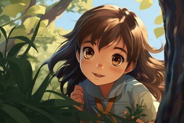 Cartoon girl with brown hair and brown eyes is looking at the camera