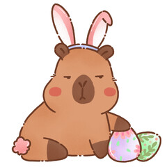 Obraz premium cute capybara wearing bunny ears sits with colorful Easter eggs, looking adorably grumpy