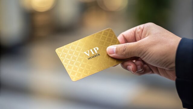 Customer retention concept. Golden VIP card held by a hand, symbolizing exclusivity and luxury in a blurred background.