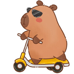 cute capybara wearing sunglasses rides yellow scooter with confident expression © นิโลบล ชํานาญธรรม