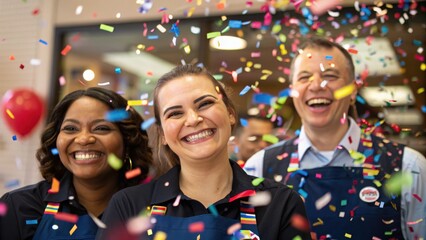 Customer retention concept. Three happy people celebrating amidst colorful confetti in a festive atmosphere.