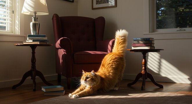 Cat Stretching Near Books in Cozy Room with Natural Light