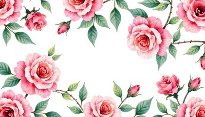 Delicate watercolor roses & leaves, repeating seamlessly , background, petal