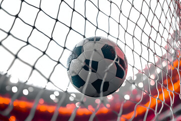 Naklejka premium Soccer ball scores a goal on the net in a football match