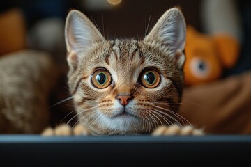 Surprised Tabby Cat on Laptop Screen during Video Call
