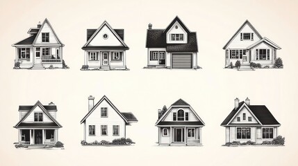 Fototapeta premium Eight house sketches, architectural designs, home styles, suburban setting, real estate illustration