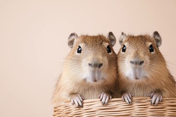 Two adorable capybaras peeking from a woven basket against a neutral background, showcasing their curious expressions and soft fur Perfect for animal lovers