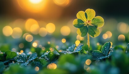 Close-up of a Lucky Four-Leaf Clover with Dew in Sunlight for St. Patrick's Day