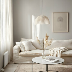 Calm living room interior design, beige sofa, pampas grass, natural light