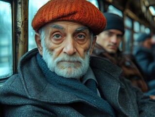 Weathered face of an elderly man, intense gaze, public transport setting