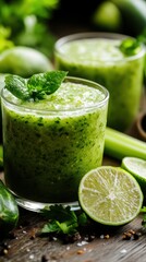 Fototapeta premium A realistic close-up of a transparent glass cup filled with a freshly blended green detox drink made from cucumber, celery, and lime