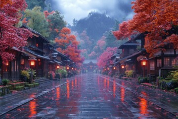 Wet street, autumn leaves, traditional houses, lanterns