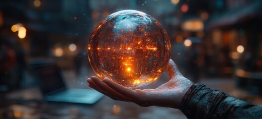 Business Professional Holding Holographic Globe Global Network Data Analysis and Cyber Innovation