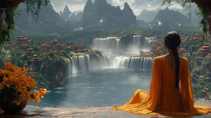 Woman contemplates serene waterfall vista & lush mountain village