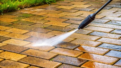 Pressure washer jets out water with high pressure on dirty patio tiles , Grout Cleaning, Patio,  Grout Cleaning