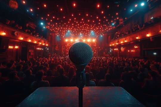 Microphone in Front of Audience at Live Comedy Music Theater Performance with Dramatic Lighting