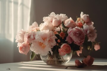 Romantic Pink Peonies and Roses Floral Arrangement with Copy Space for Weddings and Special Occasions