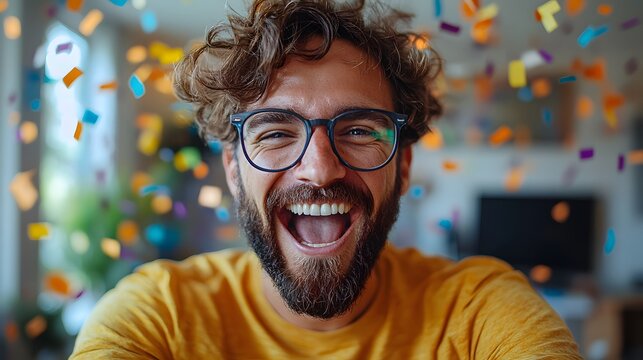 Lively virtual meeting with a cheerful host and excited users digital celebration theme