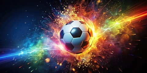 Fototapeta premium Brightly colored soccer ball erupts in a vibrant explosion of sparks , dynamism, movement, dynamism, movement