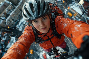 Woman cyclist in snowy city, POV.  Brave winter adventure