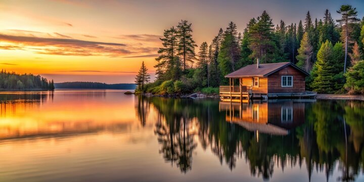 Cabin on a lake in Algonquin Provincial Park at sunset with a serene and peaceful atmosphere, algonquin, cabin,  algonquin