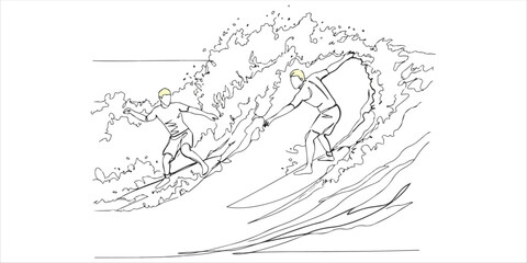Surfing Competition on Big Waves, Professional surfers competing on massive ocean waves during an international surf event, single one line art hand drawing sketch white background