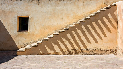 Exterior stone stairs against sunlit stucco wall, courtyard shadows, architectural detail, historic building