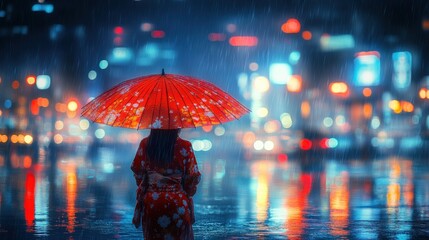 Woman in kimono under red umbrella in rainy city at night