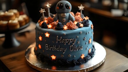 A cake with a robot on top and the words Happy Birthday Olivia written on it
