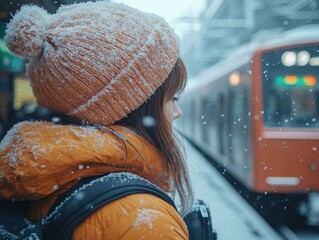 Woman in orange coat waits at snowy train station