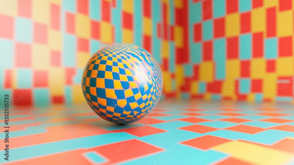 Wall mural colorful geometric patterned ball displayed within a checkered room setting