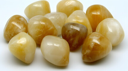 Polished yellow calcite tumbled stones on white background; wellness, healing, spirituality