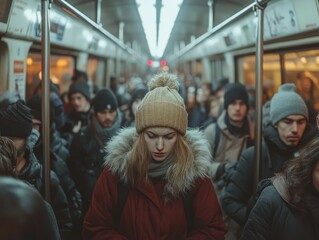 Woman in winter coat on crowded subway
