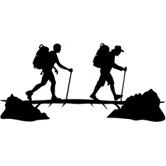 Fototapeta premium Silhouette of Two Hikers Walking on Mountain Trail with Backpacks and Hiking Sticks