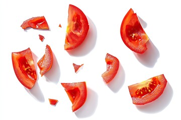 Sliced tomato pieces scattered on white background