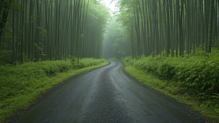 Obraz premium Rainy Forest Road With Fireflies