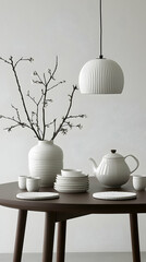 Modern white teapot and tableware on wooden table, minimalist home decor, simple background, lifestyle blog imagery