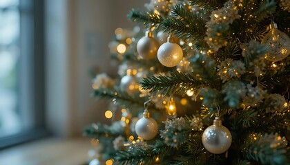 Close-up of a festively decorated Christmas tree adorned with elegant white and gold ornaments and shimmering lights, creating a warm and inviting holiday atmosphere inside a cozy home
