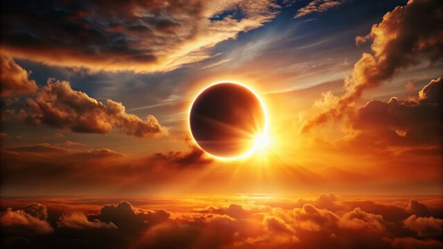 A solar eclipse in orange color with a crescent moon blocking the sun's rays